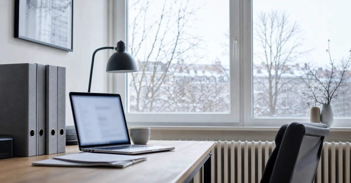 Schreibtisch mit Ordnern und Laptop am Winterfenster