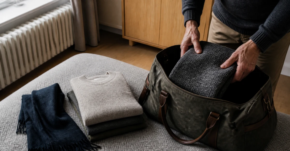 Gefaltete Kleidung wird in eine Tasche gepackt