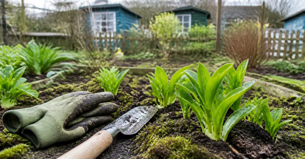 Gartenhandschuhe und Schaufel neben ersten Trieben im Beet