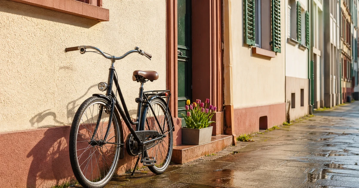 Geputztes Fahrrad lehnt an einer Hauswand im Frühlingslicht
