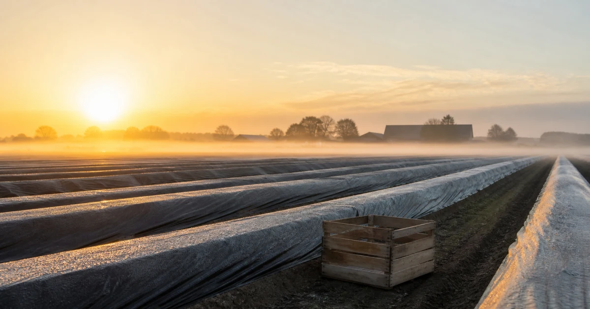 Spargelfeld-Reihen im Morgenlicht mit Erntekisten