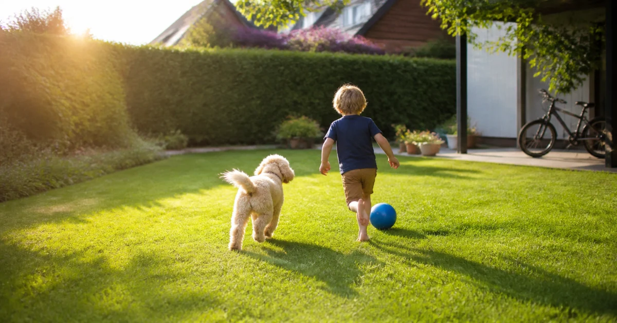 Kind spielt mit Hund im sommerlichen Garten