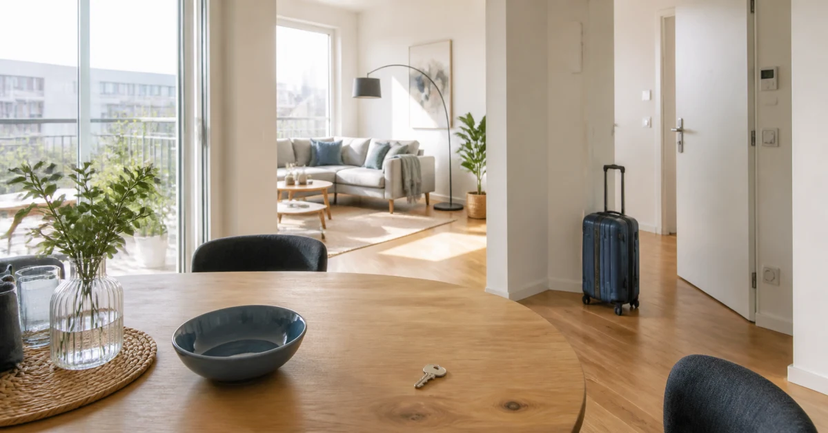 Helle möblierte Wohnung, Schlüssel auf dem Tisch, Koffer an der Tür