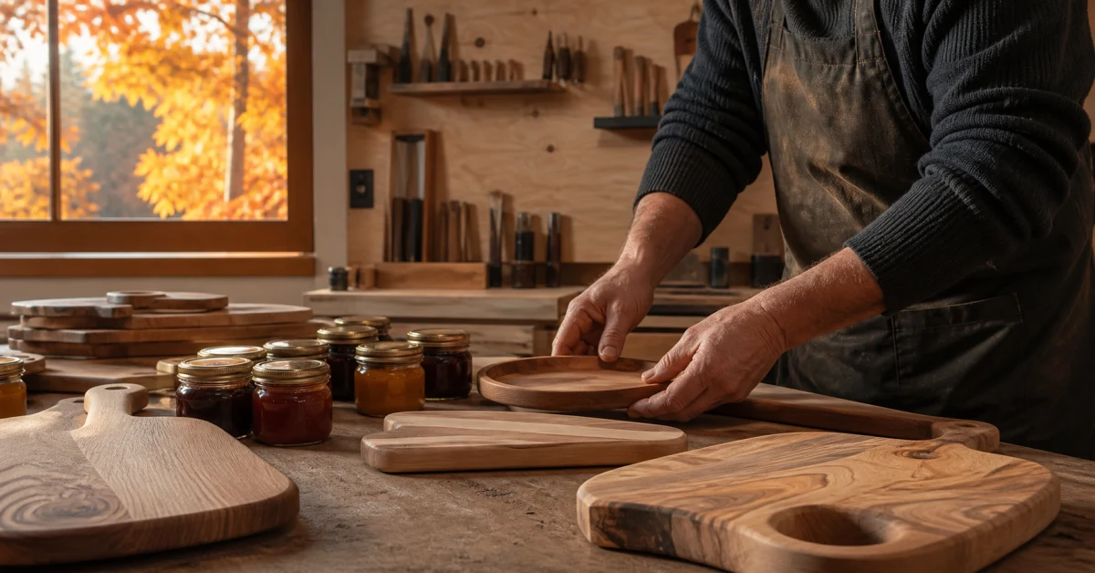 Werkbank mit Holzbrettern und Marmeladengläsern in Vorbereitung
