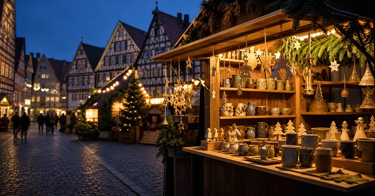 Weihnachtsmarktstand im warmen Abendlicht