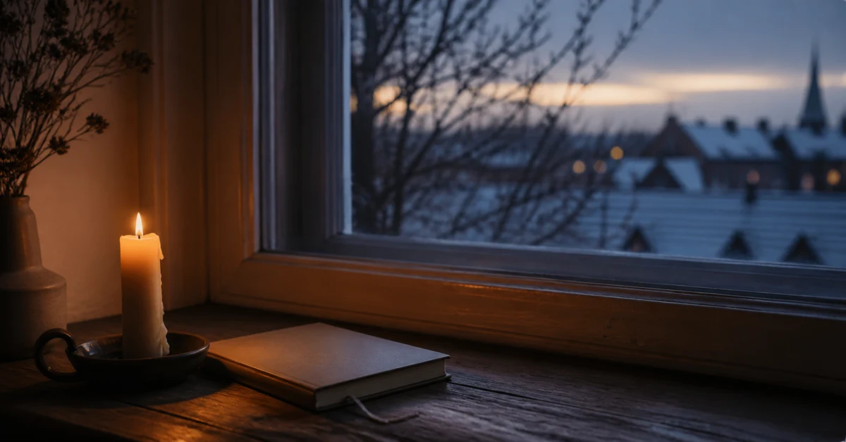 Fensterbank mit Kerze und Notizbuch, Blick über abendliche Dächer